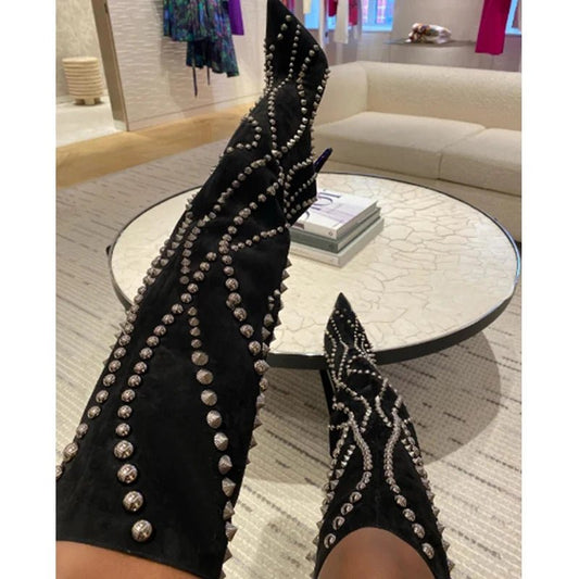 Rivet line Pointed Stiletto knee - high boots woman slip - on suede mid - calf boots - LiveTrendsX
