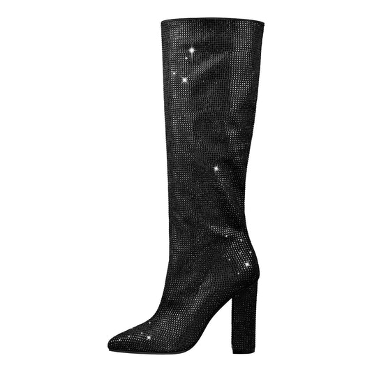 Shiny Knee - High Boots with Chunky Block Heel - LiveTrendsX