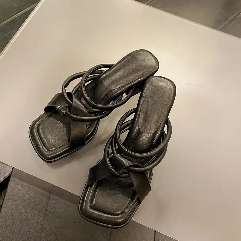 Square Toe Chunky Heels Elegant Designer Slippers Office Lady Open Toe Casual Shoes - LiveTrendsX