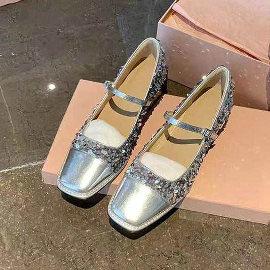 Square Toe Women's Thick Soled Mary Janes Shoes Splicing Sequined Pumps - LiveTrendsX