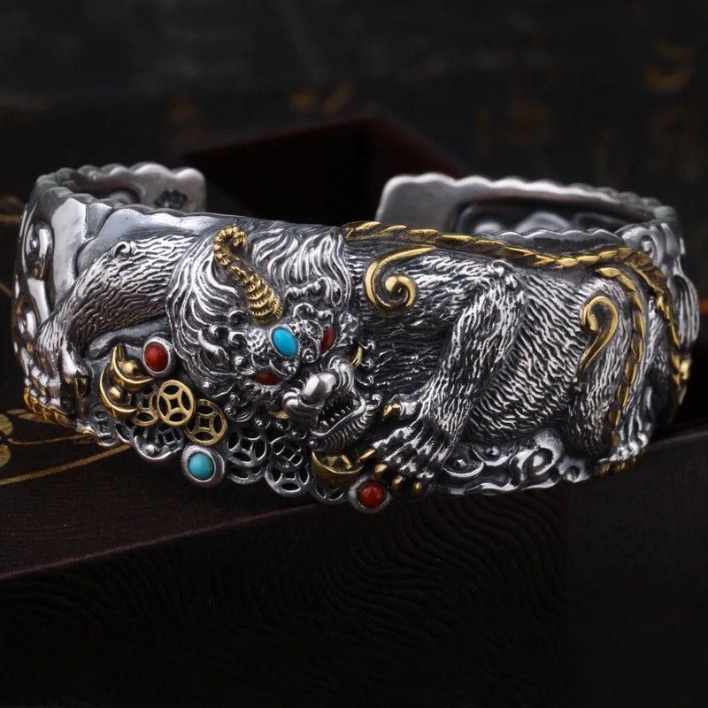 Sterling Silver Men's Wide Classic Fashion Domineering Pixiu Bracelet - LiveTrendsX