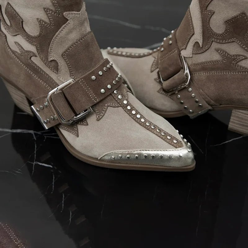 Thick Heel Vintage Belt Buckle Western Cowboy Boots for Women - LiveTrendsX