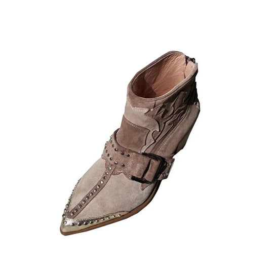 Thick Heel Vintage Belt Buckle Western Cowboy Boots for Women - LiveTrendsX
