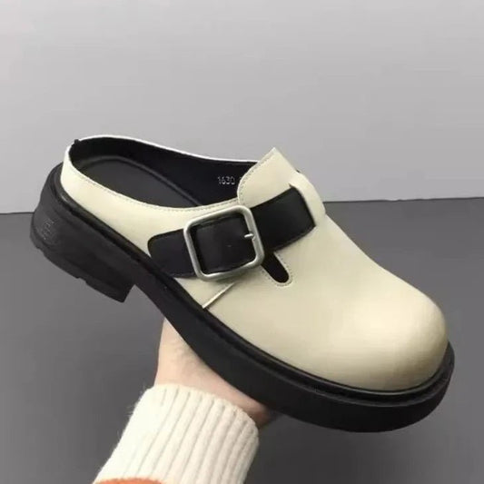 Versatile Genuine Leather Round Toe Mule Slippers for Women - LiveTrendsX