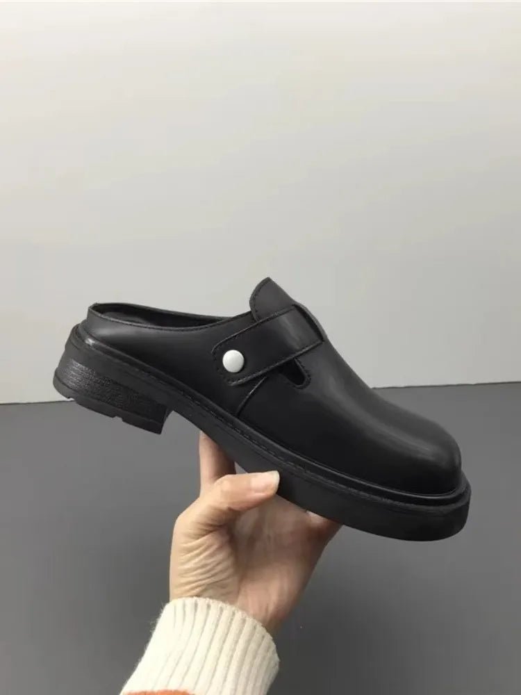 Versatile Genuine Leather Round Toe Mule Slippers for Women - LiveTrendsX