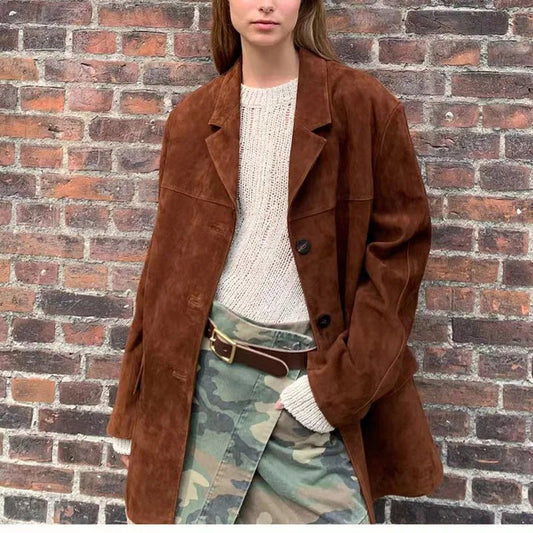 Vintage Brown Kid Suede Jacket for Women High Sense Loose Oversized Leather Suit - LiveTrendsX