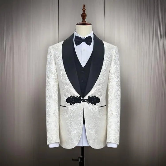 White Floral Tuxedo Slim Fit 3 - Piece Suit with Black Lapel - LiveTrendsX