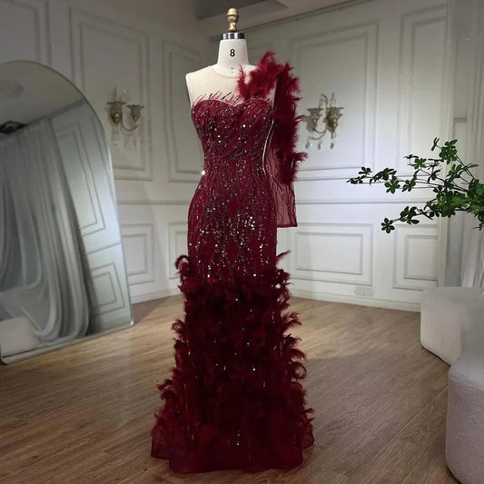 Wine Red Mermaid Dress - Beaded & Feathered Luxury Evening Gown - LiveTrendsX
