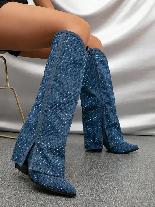 Women Blue Crystal - Embellished Knee - High Boots - LiveTrendsX