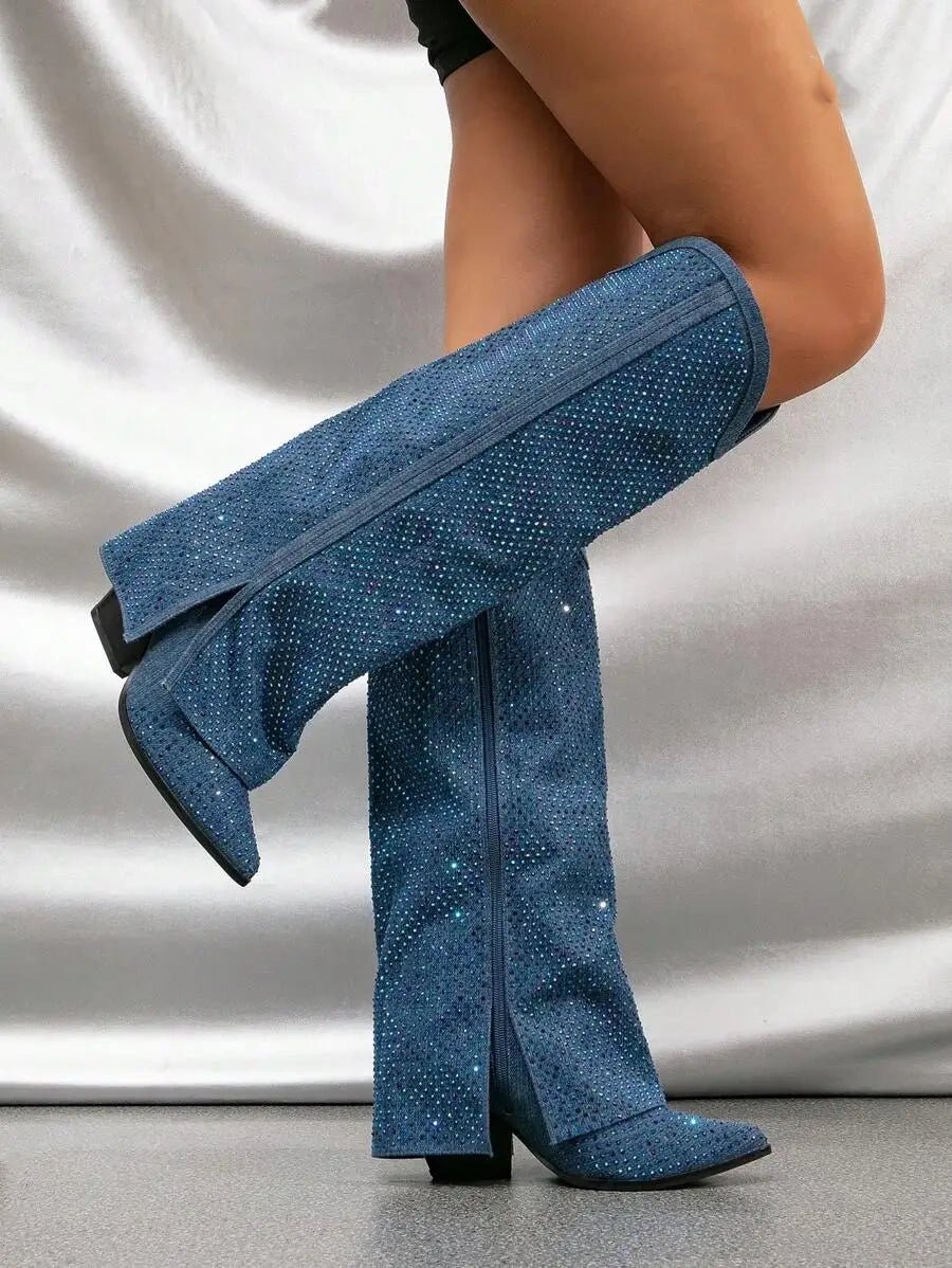Women Blue Crystal - Embellished Knee - High Boots - LiveTrendsX