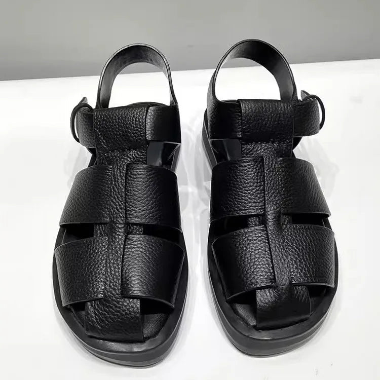 Women Cowhide Genuine Leather Sandals Buckle Strap Hollow Out Platform - LiveTrendsX