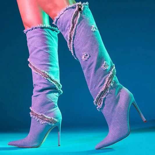 Women Elegant Pointed Toe Stiletto Heel Denim Boots - LiveTrendsX