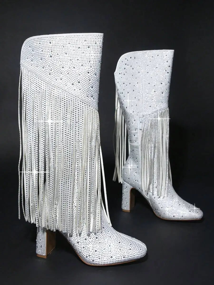 Women Fuchsia Sequin Fringe Knee - High Boots - LiveTrendsX