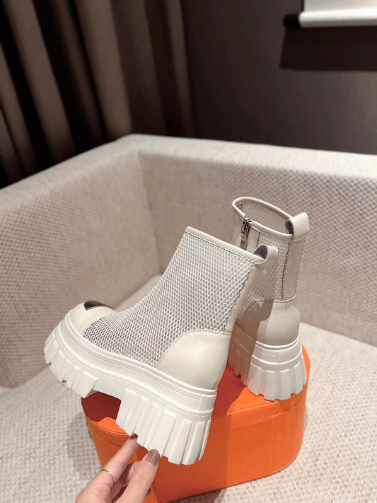 Women Mesh Boots Genuine Leather High Heels Platform Shoes Zipper - LiveTrendsX