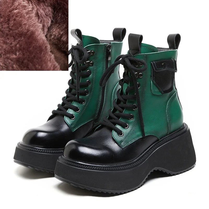 Women Mixed Colors Genuine Leather Platform Plush Warm Wedges Heel Boots - LiveTrendsX