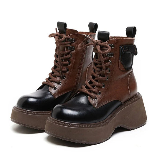 Women Mixed Colors Genuine Leather Platform Plush Warm Wedges Heel Boots - LiveTrendsX