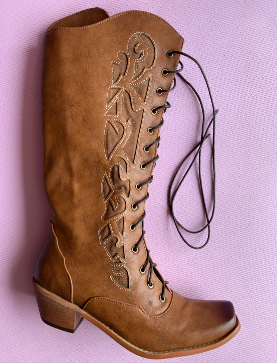 レディースニーハイブーツグラディエーターチャンキーハイヒール暖かい靴ブーティヴィンテージPUレザーラウンドトゥレースアップシューズbotas mujer H121