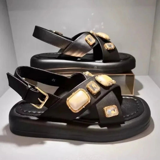 Women's Fashionable Diamond Embellished Genuine Leather Gladiator Sandals - LiveTrendsX