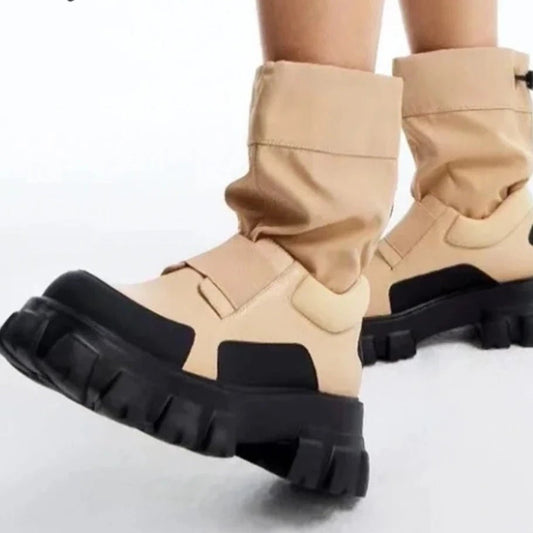 Women's Mixed Color Drawstring Outdoor Sports Boots Round Toe Chunky Heel - LiveTrendsX