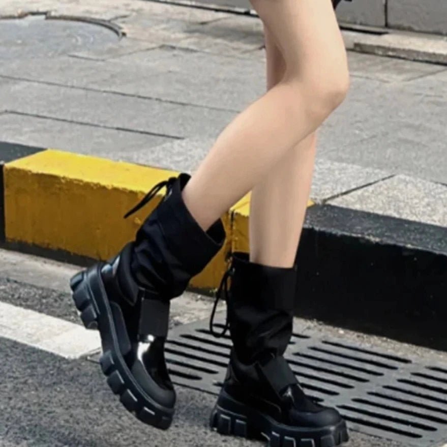 Women's Mixed Color Drawstring Outdoor Sports Boots Round Toe Chunky Heel - LiveTrendsX