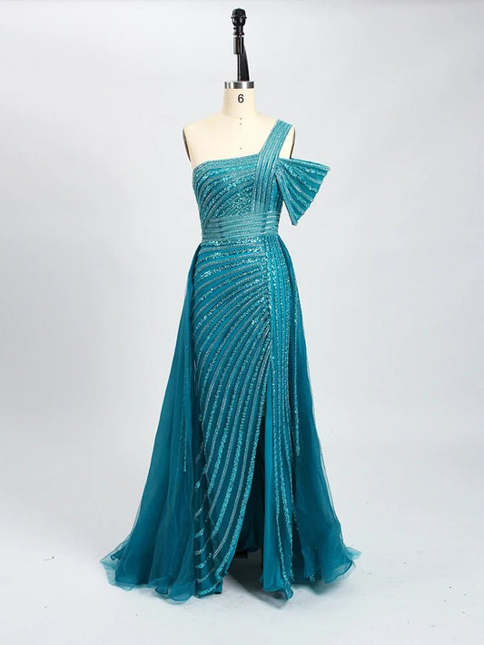 Women's Sexy High Split Luxury Beaded Mermaid Elegant One Shoulder Evening Dresses - LiveTrendsX