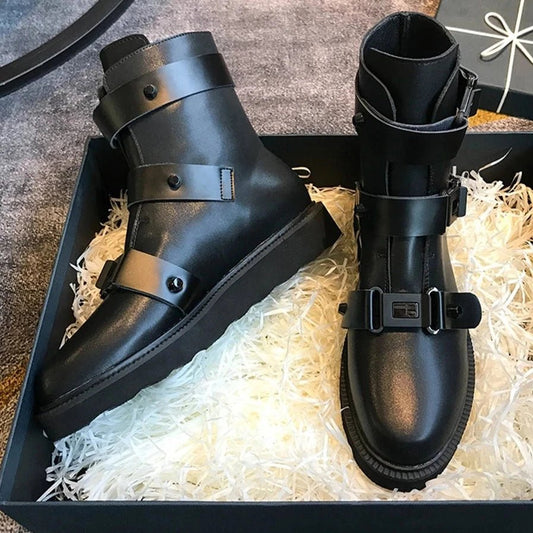 Women's Sultry Black Leather High Boots with Buckle Strap Platform - LiveTrendsX