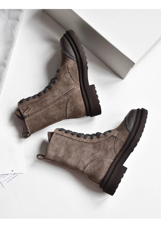 Women's Thick Bottom Lace - Up Round Head Rhinestone Leather Short Boots - LiveTrendsX