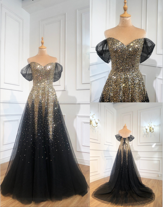 Luxury Black Gold A-line Evening Dresses