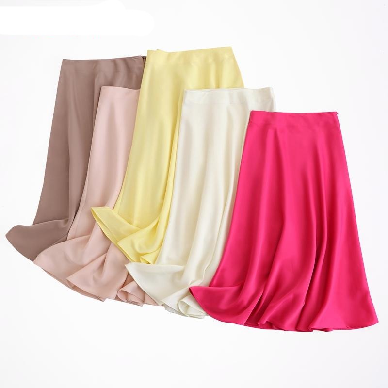 women solid quality satin midi skirt