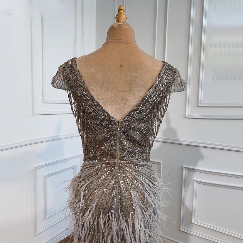 Brown Mermaid Elagant Luxury Evening Dresses Gowns Feathers Beading
