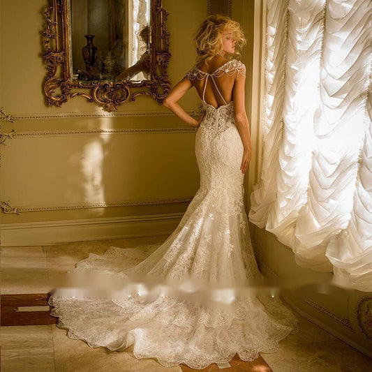 Vestido De Noiva Sereia Tulle Mermaid Wedding Dress Beading Pearls