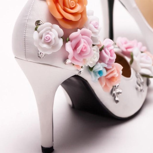 Custom Made White Satin Flower High Heel Lady shoes Elegant Bridal Wedding Shoes Pointed Toe Women Bridesmaid Shoes - LiveTrendsX
