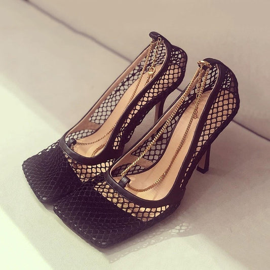 2020 New Spring Summer Square Toe Shallow Mesh Hollow Out Chains Thin High Heels Sandals Women Fashion Tide 10B526 - LiveTrendsX