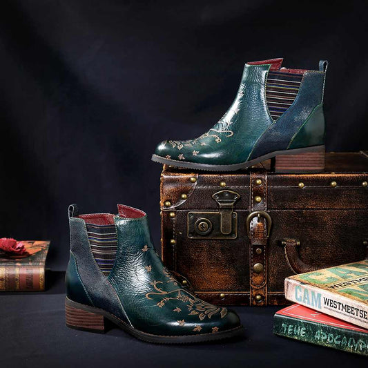 Retro Flower Boots Pattern Stitching Ladies Shoes Genuine Leather Elastic Band Zipper Ankle Boots Boots Women Shoes - LiveTrendsX