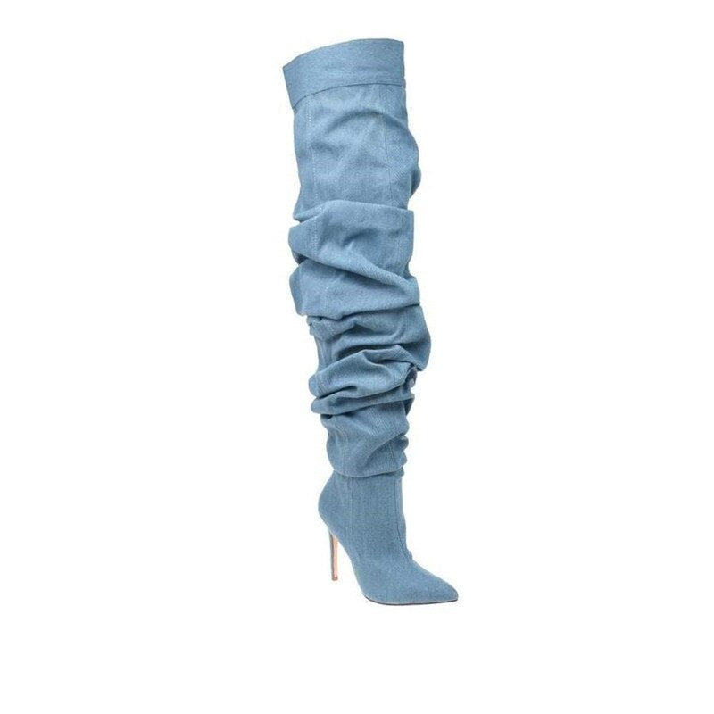 Woman Pleated High Heels Thigh High Boots