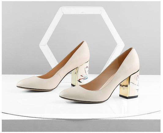 Party Women's Pumps Comfortable Unique Print Design Square Heel High Quality Genuine Leather Shoes Shallow Pumps - LiveTrendsX