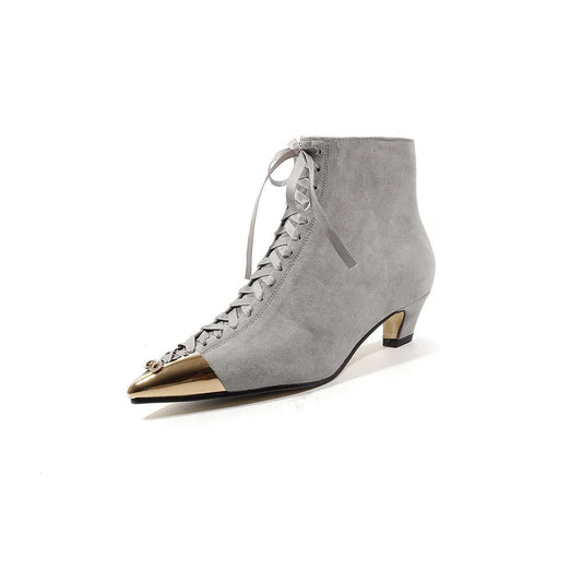 new hot sale kid suede pointed metal toe mixed color butterfly-knot med heels European designer ankle boots - LiveTrendsX