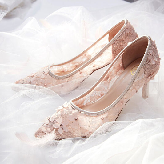 Flowers Wedding Shoes New Design Pumps Bride Lace High Heels