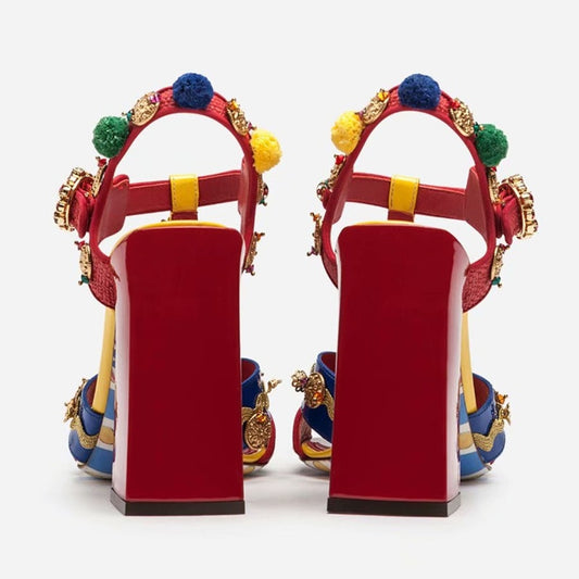 Tribal Fashion Pom-pom Embellished Red Sandals Block Heel Open Toe T-strap Flower Shoes Beach Sandals - LiveTrendsX