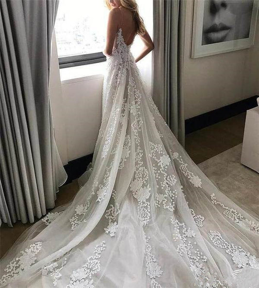 Lace Boho Wedding Dresses Spaghetti Straps V-neck Wedding Gowns Beach Bride Dress Vestido De Noiva - LiveTrendsX