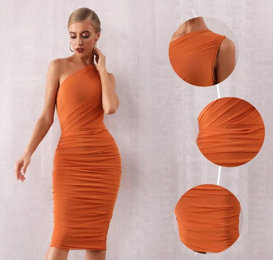 New Summer Women One Shoulder Celebrity Evening Party Bandage Dress Vestidos Sexy Khaki Sleeveless Bodycon Club Dress - LiveTrendsX