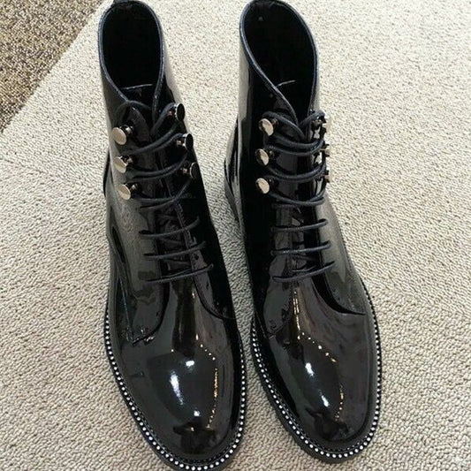 Genuine Leather Thick Heel Round Toe Lace Up Winter Boots Superstar Luxury Punk Rock Metal Rivets Fasteners Ankle Boots - LiveTrendsX