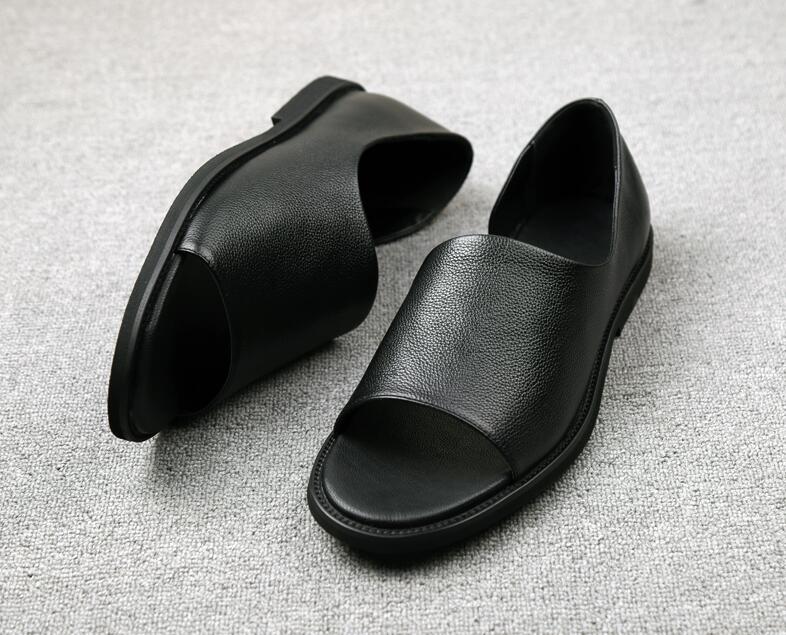 High Quality Summer Men's Sandals Fisherman Genuine Leather Shallow Slip-On Seaside Casual Shoes Male Black Peep Toe Flats - LiveTrendsX