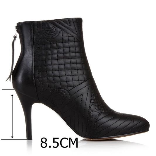 winter ankle boots women shoes pointed toe embroidered genuine leather booties back zipper woman heels fashion boots - LiveTrendsX