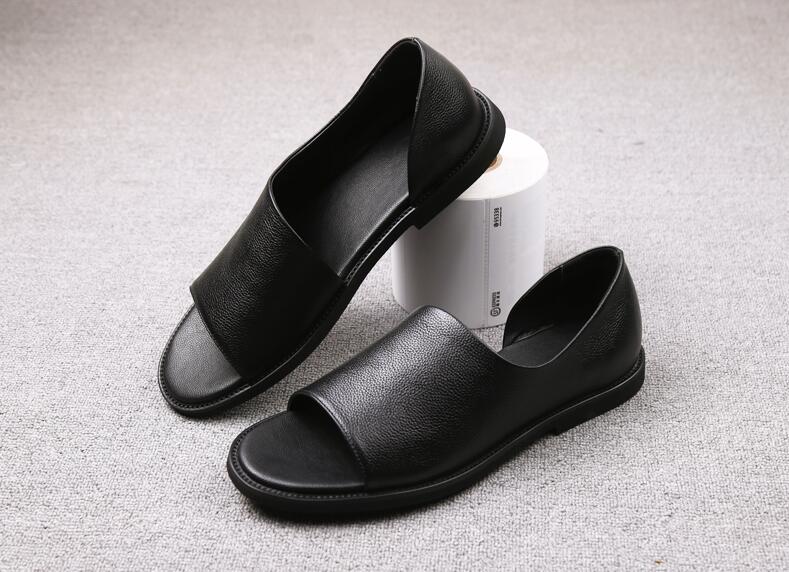High Quality Summer Men's Sandals Fisherman Genuine Leather Shallow Slip-On Seaside Casual Shoes Male Black Peep Toe Flats - LiveTrendsX