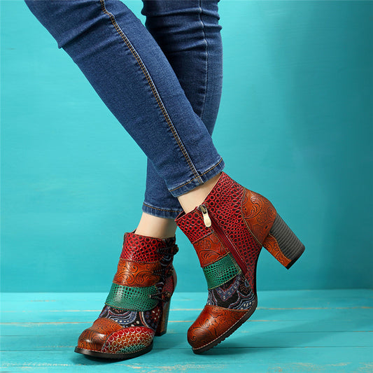 Vintage Splicing Printed Ankle Boots For Women Shoes Woman Genuine Leather Retro Block High Heels Women Boots 2020 - LiveTrendsX