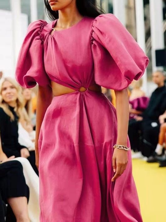 Casual Plain Cut Out Dress For Women Round Neck Short Puff Sleeve