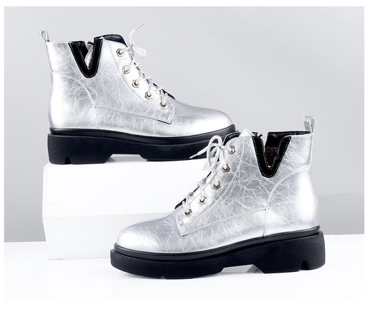 Quality Ankle Boots Fashion Silver Round Toe Zipper Shoes Woman Handmade Low Square Heels Casual Spring Boots - LiveTrendsX