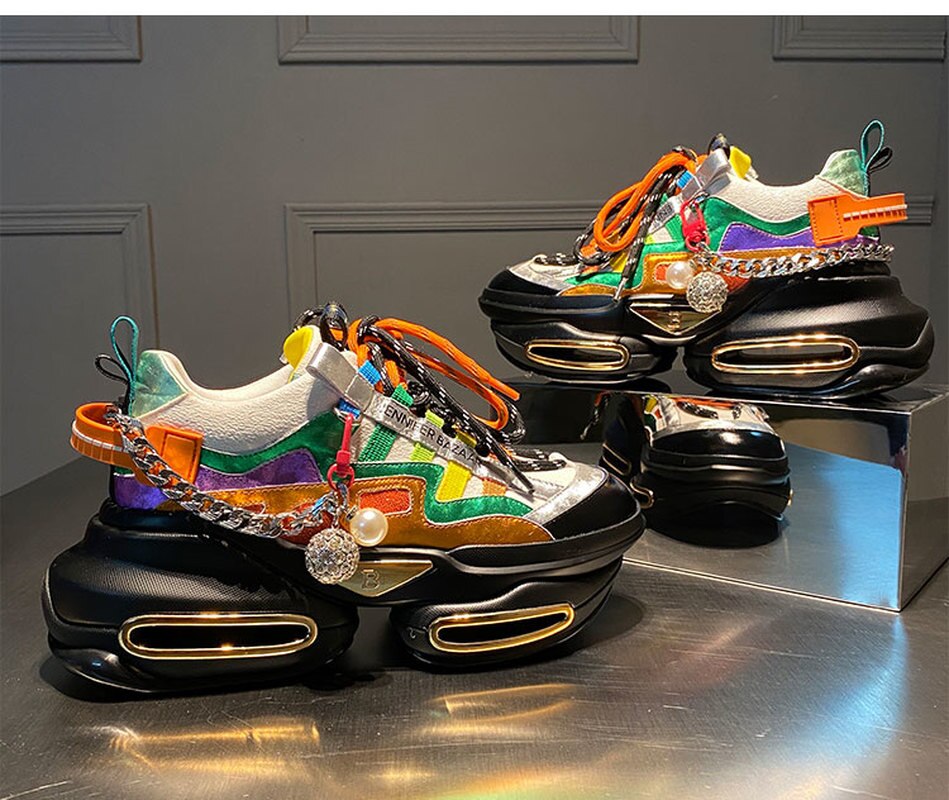 Cowhide Color Matching Color Lace-up Pearl Rhinestone Chain Sneakers