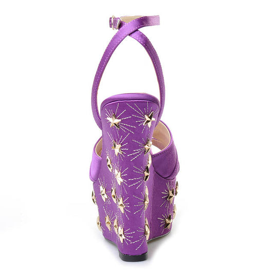 women summer new purple silk platform shoes high heels peep toe ankle strap shoes gold star design sandals - LiveTrendsX